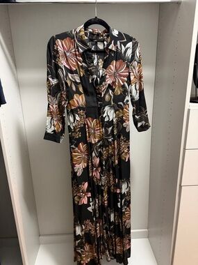 Zara Black Maxi Dress with Pink, Brown & Cream Floral Print